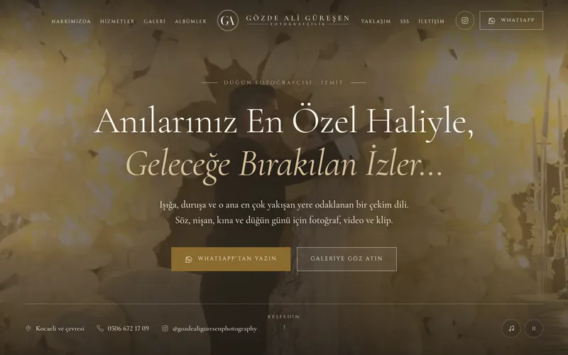 gozdealiguresen.com ana sayfası: 'Anılarınız En Özel Haliyle, Geleceğe Bırakılan İzler…' başlığı ve WhatsApp'tan yazın düğmesi